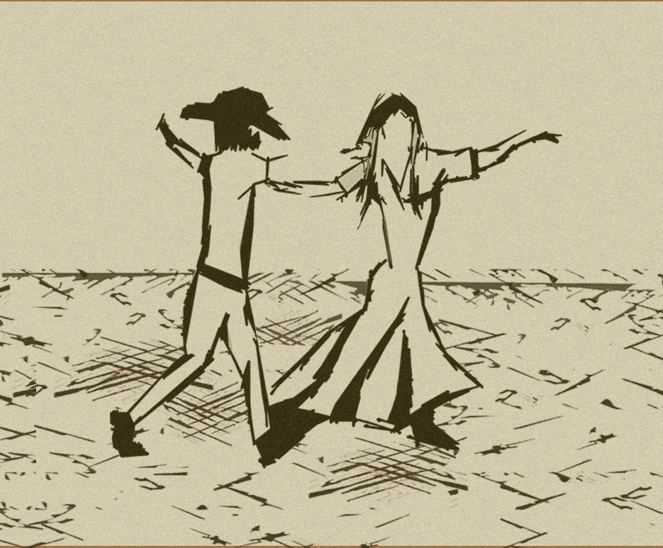 Desenho a nanquim de dançarinos de chacarera